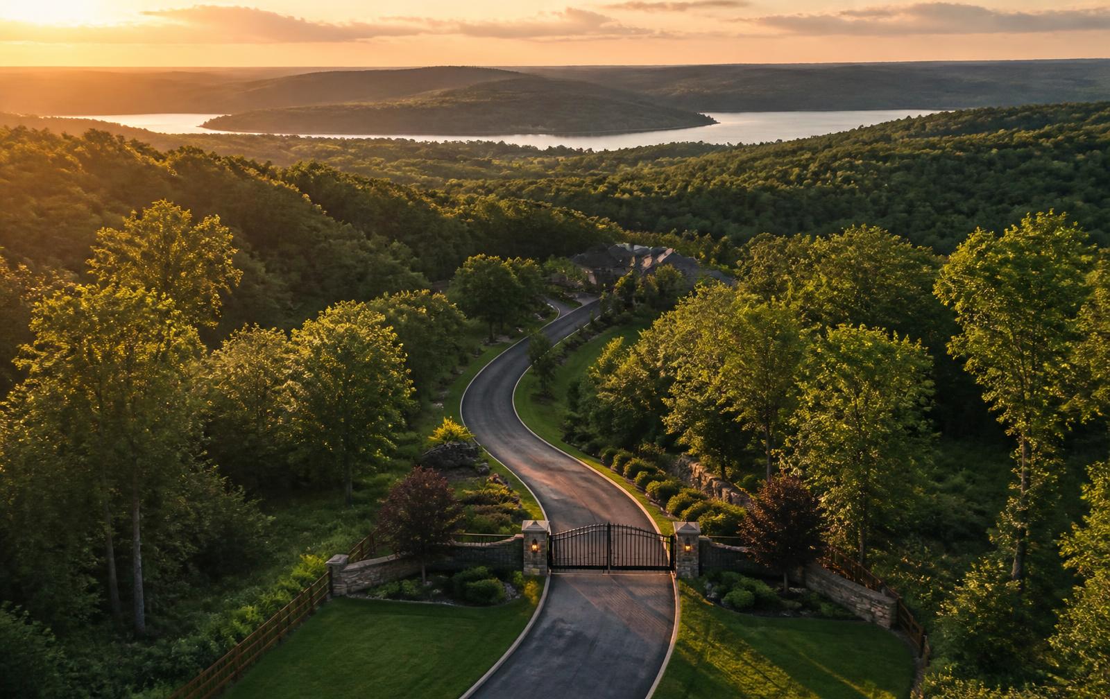 Private gated estate drive at golden hour in Northwest Arkansas